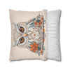 Boho Floral Snow Owl Pillow Cover - Teal & Orange Folk Art Decor, Soft Faux Suede Cushion Case for Home Accent