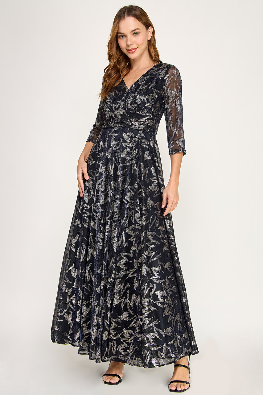 formal dresses henderson nv Long Sleeve Floral Lace Shirt Gown by Badgley Mischka main image 1