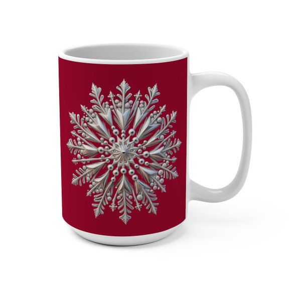 Silver Snowflake on Deep Red Mug 15oz|3D Design Snowflake| Coffee Tea Cocoa| Unique Cup Mug| Gift Idea