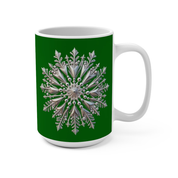 Silver Snowflake on Christmas Green Mug 15oz|3D Design Snowflake| Coffee Tea Cocoa| Unique Cup Mug| Gift Idea