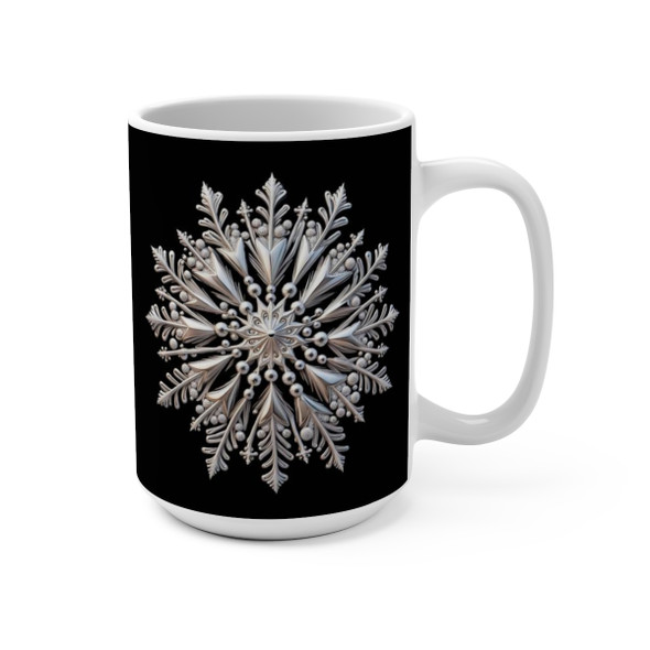 Silver Snowflake on Black Mug 15oz|3D Design Snowflake| Coffee Tea Cocoa| Unique Cup Mug| Gift Idea