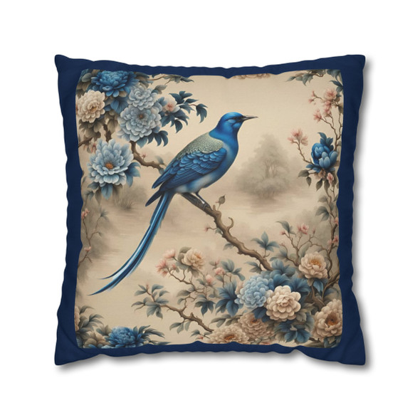 Pillow Case Blue and Beige Bird Asian Throw Pillow| Royal Trim| Living Room Sofa Couch Throw Pillows | Living Room, Bedroom, Dorm Pillows