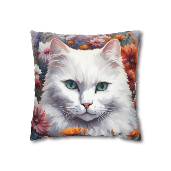 Pillow Case White Cat Floral Watercolor Throw Pillows| White Cat Throw Pillow | Living Room, Nursery, Bedroom, Dorm Room Pillows