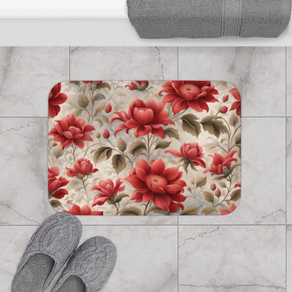 Dainty Red Floral Non-Slip Bath Mat| Great for bathroom, kitchen, laundry and even bedside| Beautiful, rich colors
