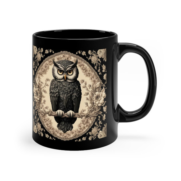 Owl in Cream and Black 11oz Black Coffee, Tea, or Cocoa Mug. Great Christmas gift for owl lover.