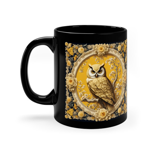 Golden Owl on Black Coffee or Tea Mug. Gorgeous tapestry style design. 11oz Black Mug