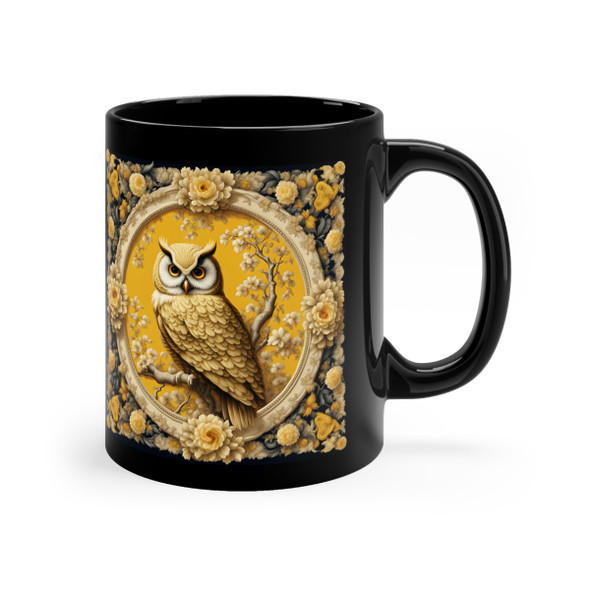 Golden Owl on Black Coffee or Tea Mug. Gorgeous tapestry style design. 11oz Black Mug