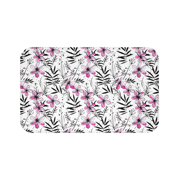 Chic Floral Bath Mat - Ink Style Pink and Black Flowers, Bathroom Decor, Gift for Her, Boho Style, Home Spa Accessories