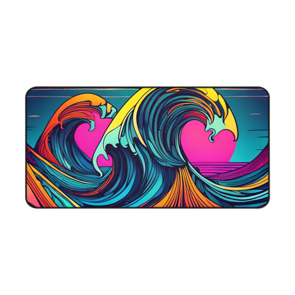 Neon Wave Art Nouveau Style Desk Mat Mouse pad gaming pad desk protector in fuchsia yellow aqua blue green 