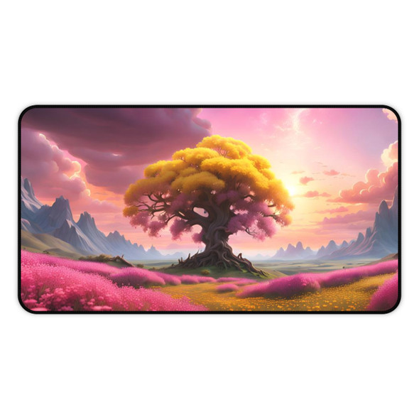 Tree of Life Rowan Tree in Pink and Yellow Desk Mat. Unique gaming pad or desk protector. Three sizes for all of your mousepad needs.