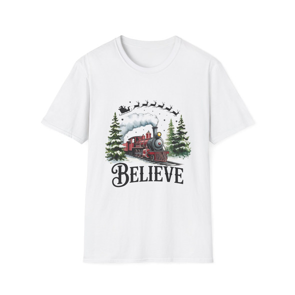 Christmas 'Believe' Santa And Train T-Shirt| Gildan Softstyle Holiday Apparel, Family Gift, Christmas Spirit Tee| Unisex Graphic Shirt  Christmas 'Believe' Santa And Train T-Shirt| Gildan Softstyle Holiday Apparel, Family Gift, Christmas Spirit Tee| Unisex Graphic Shirt