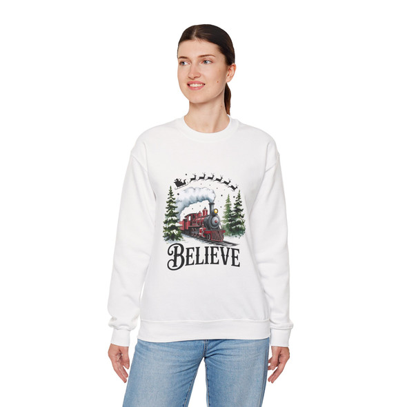 Christmas 'Believe' Sweatshirt, Santa And Train Holiday Crewneck, Gildan Unisex Believe Sweatshirt, Cozy Gift for Him/Her, Festive Apparel