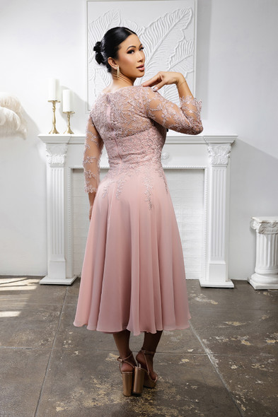 Mayqueen MQ2108 Tea Length Mother Of The Bride Dress In Chiffon And Lace Mayqueen MQ2108 Tea Length Mother Of The Bride Dress In Chiffon And Lace