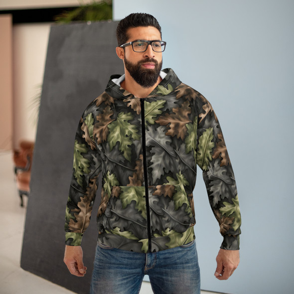 Camouflage Leaf Print Hoodie, Unisex Zip Hoodie, Outdoor Wear, Casual Fashion, Gift for Nature Lovers, Hiking Gear Camouflage Leaf Print Hoodie, Unisex Zip Hoodie, Outdoor Wear, Casual Fashion, Gift for Nature Lovers, Hiking Gear