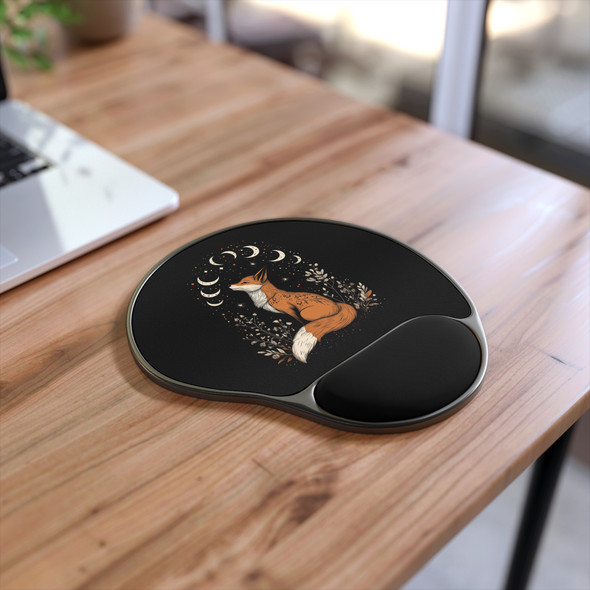 Celestial Fox Mouse Pad with Wrist Rest, Cozy Workspace Decor, Office Gift, Unique Computer Accessory, Moon Phases Design