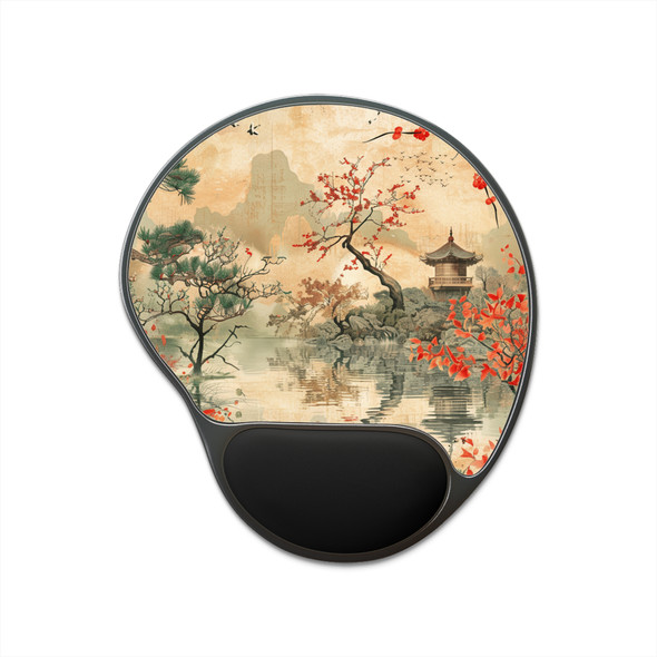 Tranquil Oriental Inspired Mouse Pad with Wrist Rest, Ergonomic Desk Accessory, Perfect for Home Office, Gifts for Gamers, Relaxing Workspace Decor