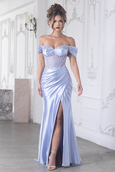Lenovia 8403 Beaded Stretch Satin Prom Gown with detachable shoulder straps and waist snatching bodice.