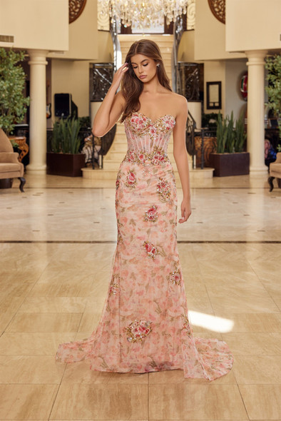Nox Anabel Y1801 Floral Print Embroidered Trumpet Style Prom Gown