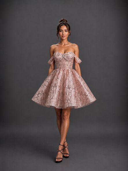 Dancing Queen 3440 Short Brocade Off-The-Shoulder Homecoming Dress