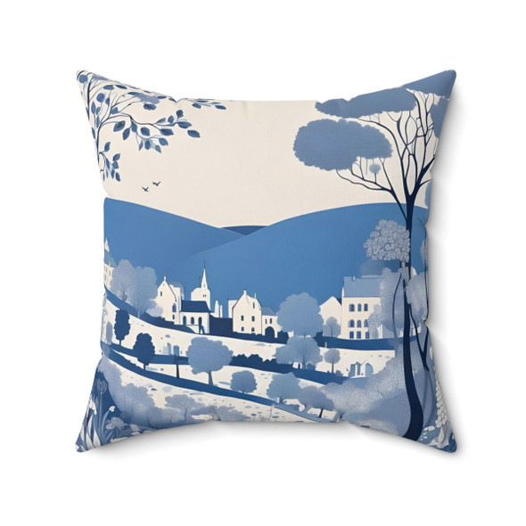 Whimsical Hometown Blue and Cream Decorative Throw Pillow