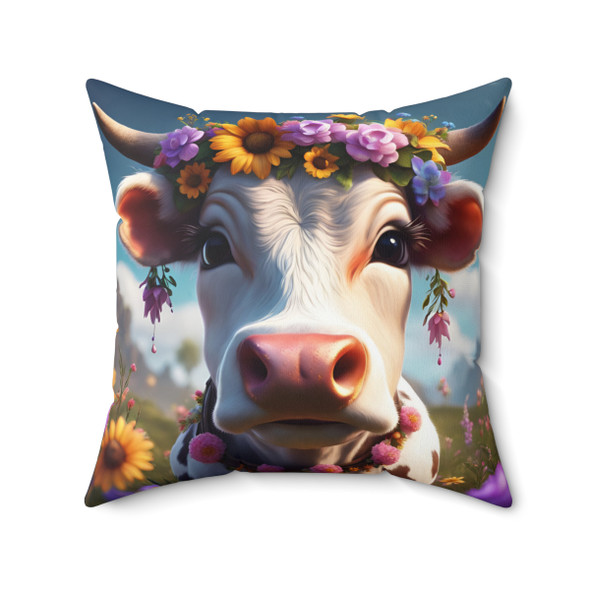 Adorable Cow In Flower Field Spun Polyester Square Pillow Decorative Accent Pillows cow theme farm animal