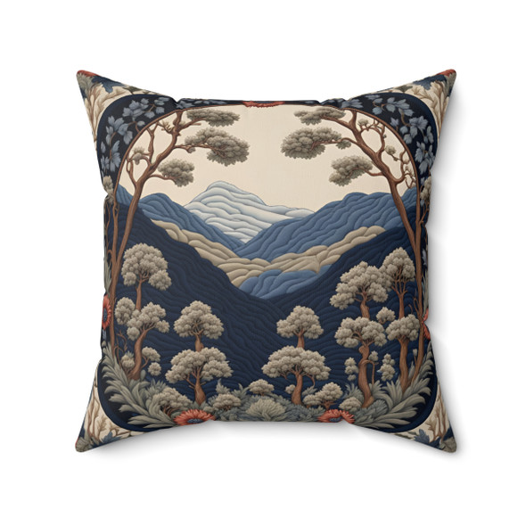 Old World Design Mountain Scene Decorative Accent Throw Pillow Sofa Couch Living Room Decor Bed Bedroom zipper navy blue cream trees 