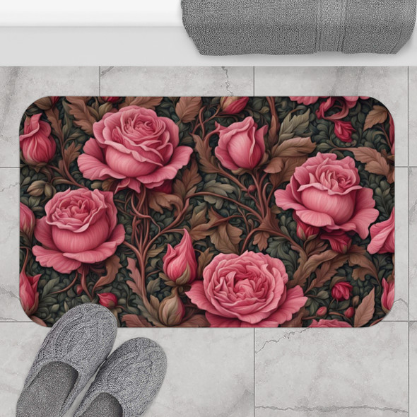 Woodland Rose Pattern Anti-Slip Bath Mat in Pink and Green nonslip william morris bathroom rug microfiber guest bath flowers