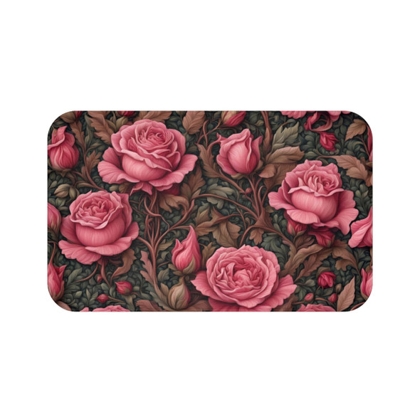 Woodland Rose Pattern Anti-Slip Bath Mat in Pink and Green nonslip william morris bathroom rug microfiber guest bath flowers