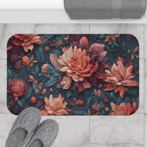 Peach and Teal Themed Floral Anti-slip Microfiber Bath Mat