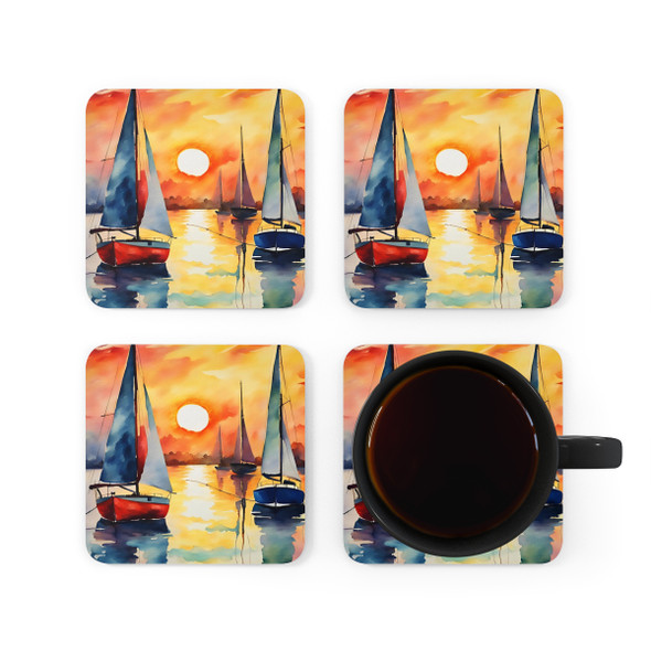 Watercolor Sailboats at Sunset Corkwood Coaster Set orange nautical theme glass coasters living room decor