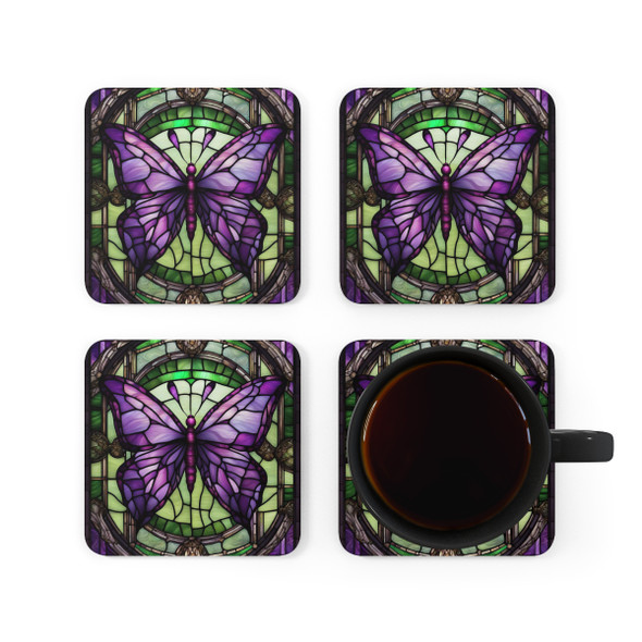 Stained Glass Butterfly Corkwood Coaster Set glass coasters living room housewarming Christmas holiday birthday gift purple green