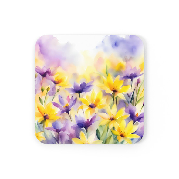 Spring Flowers in Purple and Yellow Corkwood Coaster Set Living Room Decor coasters glass christmas birthday housewarming gift