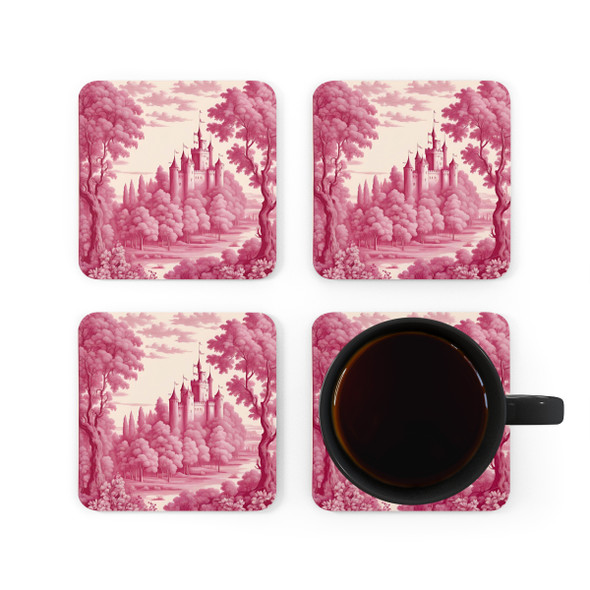 Castle in Claret Tapestry Style Toile Corkwood Coaster Set in red cream white castle living room decor glass coasters