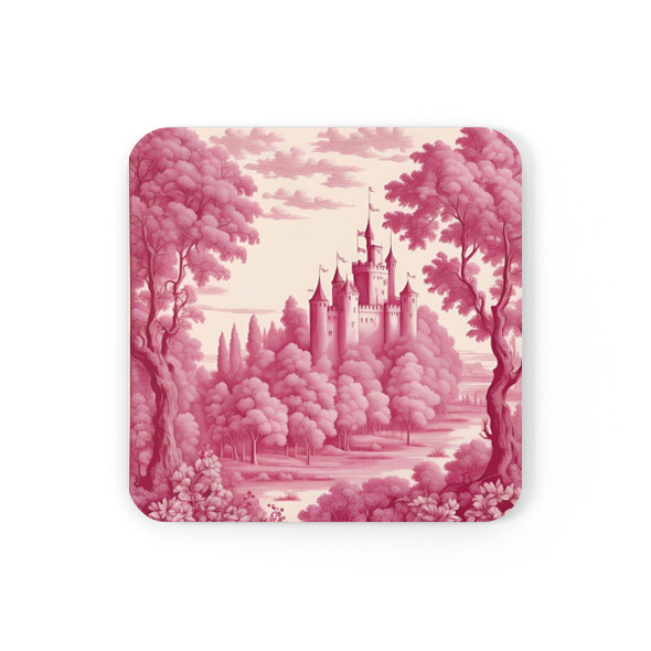 Castle in Claret Tapestry Style Toile Corkwood Coaster Set in red cream white castle living room decor glass coasters