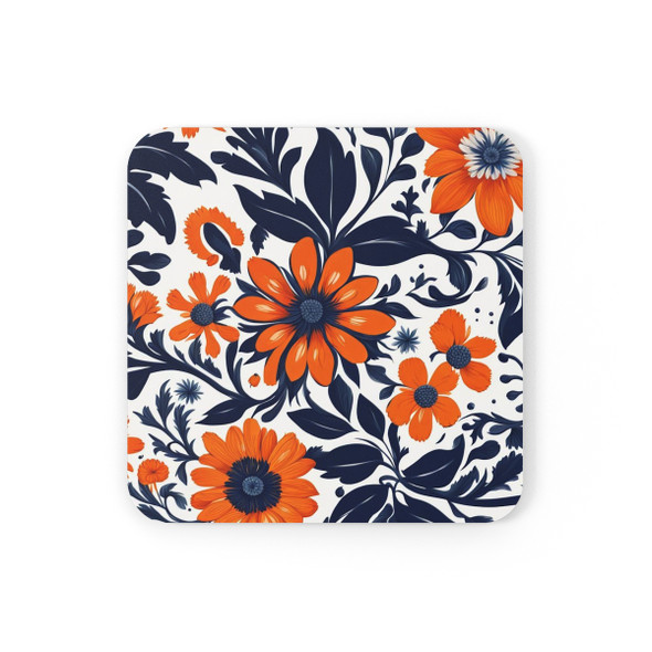 Folk Art Country Flowers Corkwood Coaster Set in navy blue and orange living room decor glass coasters flower floral