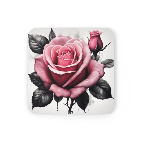 Inked Rose Artistic Corkwood Coaster Set. Great furniture protector for glasses and it looks good too. Beautiful pink 'inked' rose design.