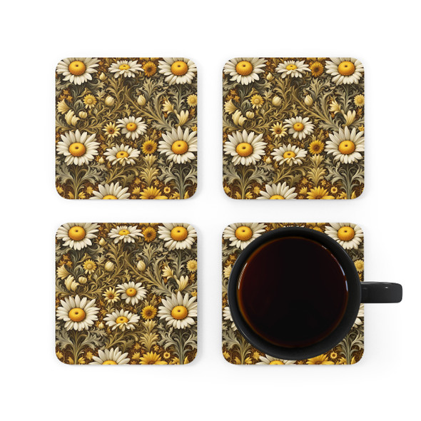 Woodland Daisies Corkwood Coaster Set in white yellow green old world home decor flowers floral daisy pattern