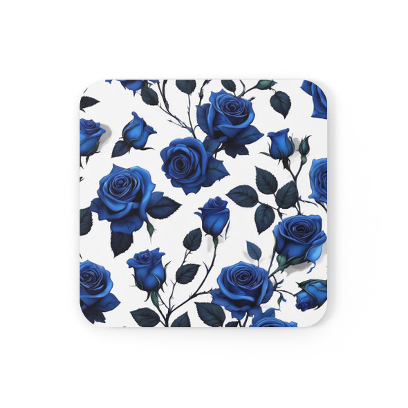 Deep Blue Rose Pattern Corkwood Backed Coaster Set