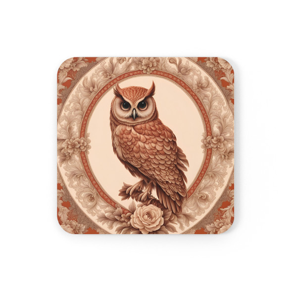 Terra Cotta and Cream Owl Corkwood Coaster Set Living Room Decor. Great for Christmas, birthday or housewarming gift.