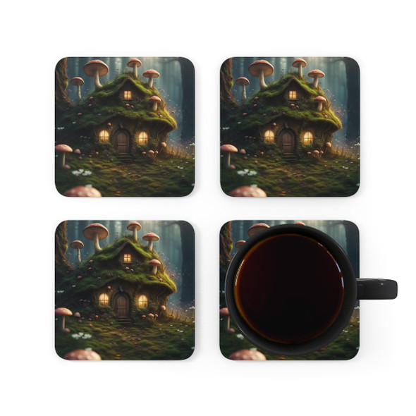 Fantasy Fairy House Corkwood Coaster Set. Great for kids who forget to use a coaster. Fun design!