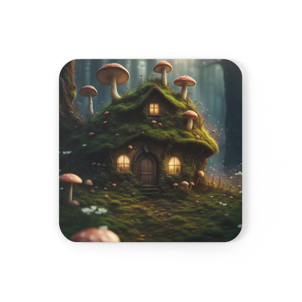 Fantasy Fairy House Corkwood Coaster Set. Great for kids who forget to use a coaster. Fun design!