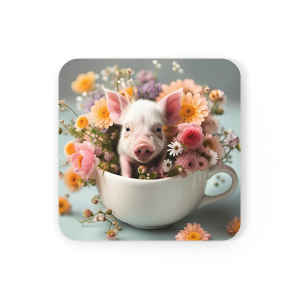 Adorable Piglet in a Teacup Corkwood Coaster Set