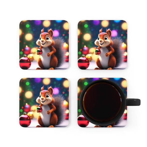 Squirrel "Shiny" Christmas Corkwood Coaster Set