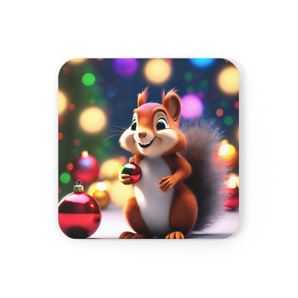 Squirrel "Shiny" Christmas Corkwood Coaster Set