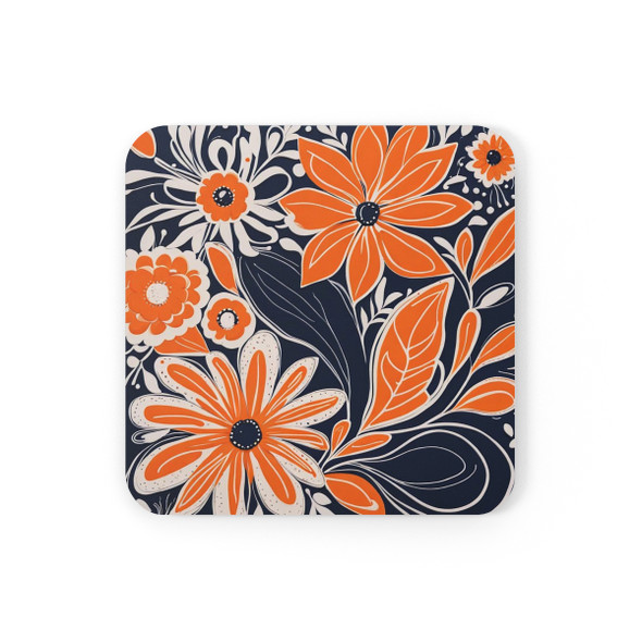 Orange and Navy Blue Folk Art Floral Corkwood Backed Coaster Set