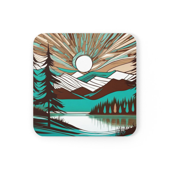 Art Nouveau Teal and Brown Corkwood Drink Coaster Set. Mountain lake scene. Great housewarming gift.