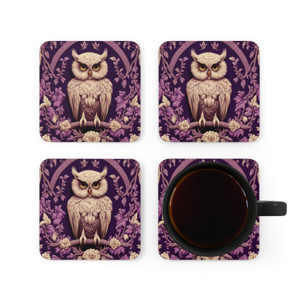 Cute Purple Owl Corkwood Coaster Set for Drinks. Great housewarming, birthday or Christmas gift for the owl enthusiast in your life.