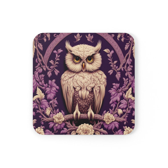 Cute Purple Owl Corkwood Coaster Set for Drinks. Great housewarming, birthday or Christmas gift for the owl enthusiast in your life.