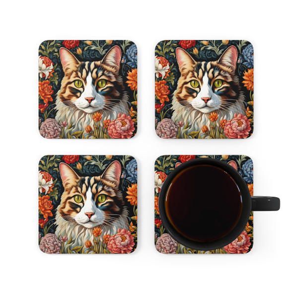 Flower Framed Cat Corkwood Coaster Set