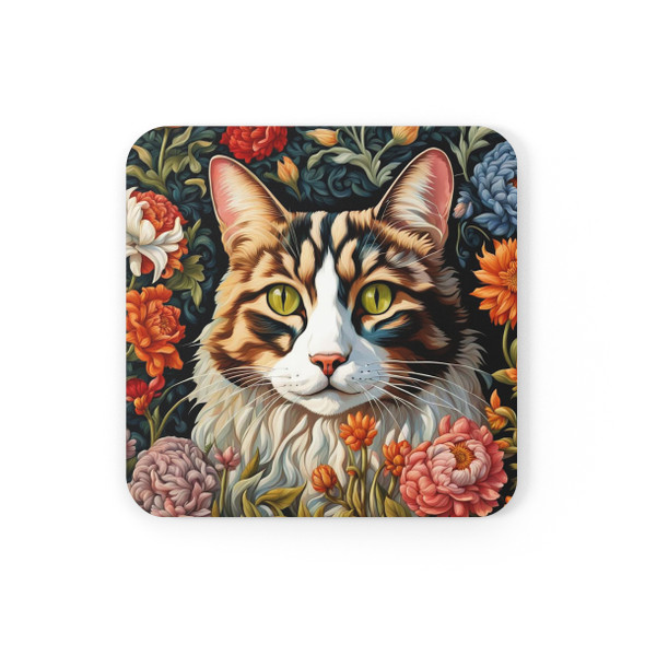 Flower Framed Cat Corkwood Coaster Set